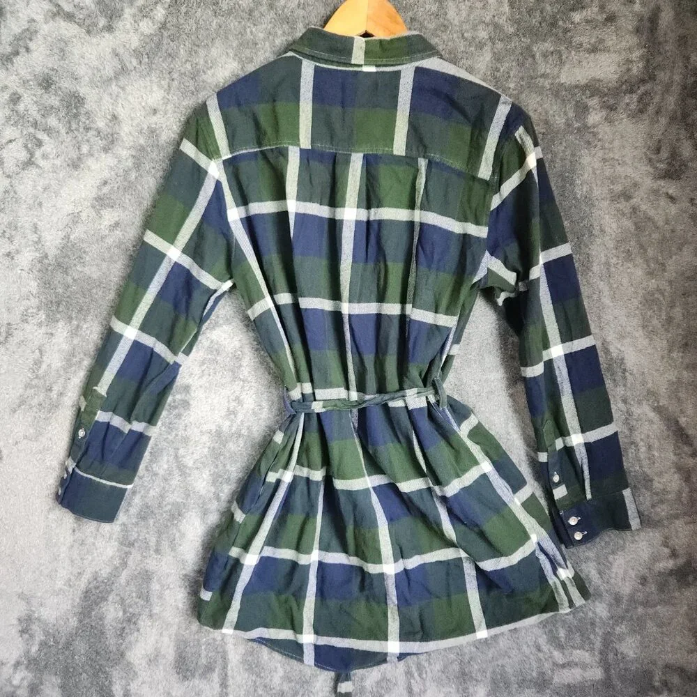 True Religion Shirt Dress Womens Large Green Plaid Flannel Button Down Tie Front - Picture 4 of 10